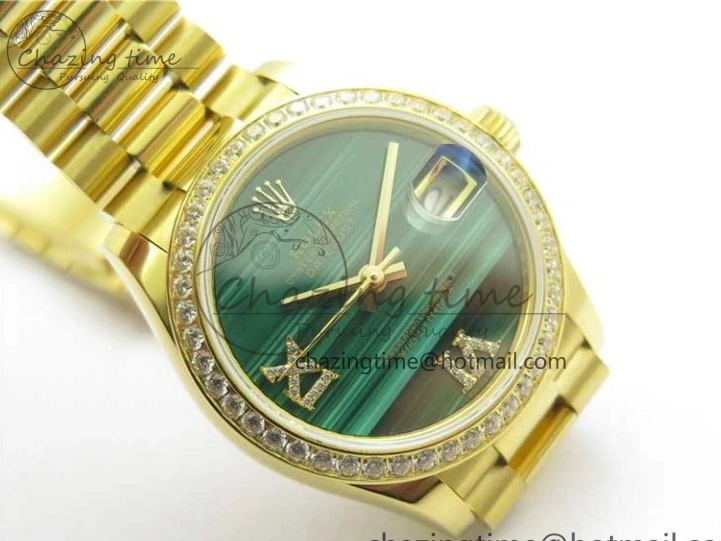 MiroTime 0305 Versatile Daydate 278288 31mm YG EWF Best Edition Green Malachite Dial Crystal Markers on YG President Bracelet ETA 2606